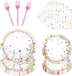 Floral Paper Plates Set - 96PCS Wildflower Party Decorations Supplies Flower Baby in Bloom Baby Shower Decorations Disposable Flower Paper Plates Napkins Tableware Spring Summer Picnic Party