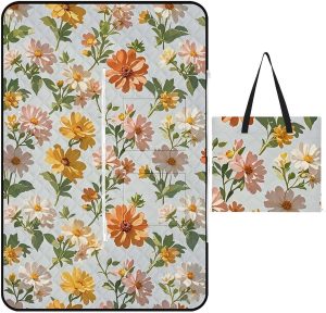 Flower Picnic Blanket with Zippered Tote Bag, Waterproof Portable Outdoor Blanket, Lightweight Foldable Outdoor Mat for Beach, Camping, Park, 150x100cm