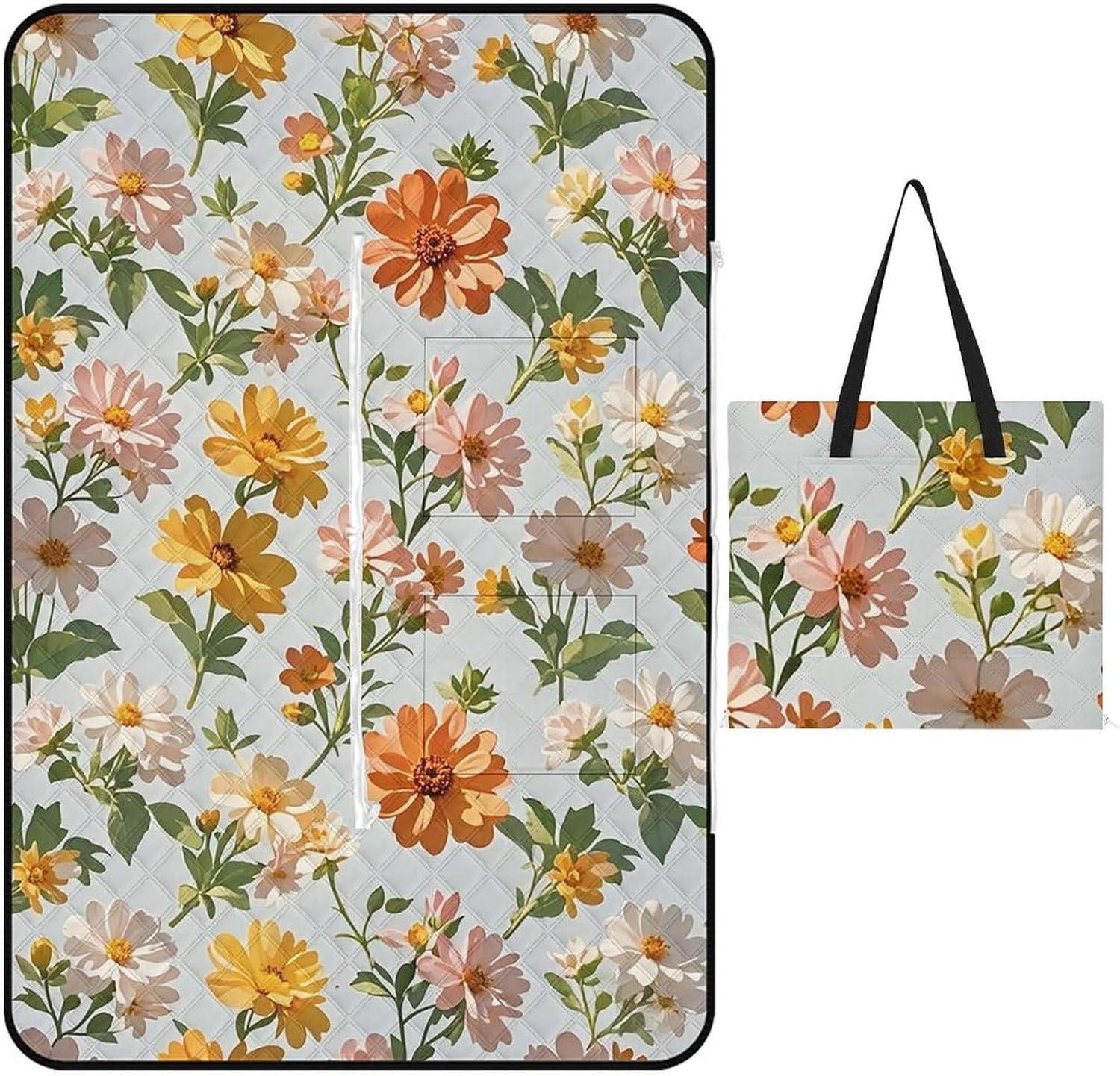 Flower Picnic Blanket with Zippered Tote Bag, Waterproof Portable Outdoor Blanket, Lightweight Foldable Outdoor Mat for Beach, Camping, Park, 150x100cm