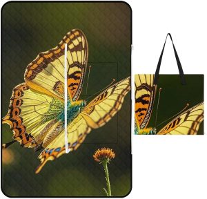 Flying Golden Butterfly Picnic Blanket with Zippered Tote Bag, Waterproof Portable Outdoor Blanket, Lightweight Foldable Outdoor Mat for Beach, Camping, Park, 150x100cm