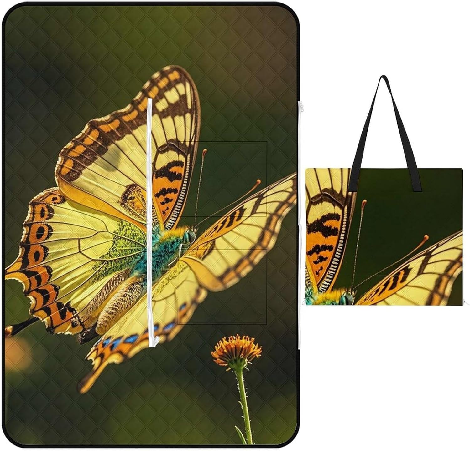 Flying Golden Butterfly Picnic Blanket with Zippered Tote Bag, Waterproof Portable Outdoor Blanket, Lightweight Foldable Outdoor Mat for Beach, Camping, Park, 150x100cm
