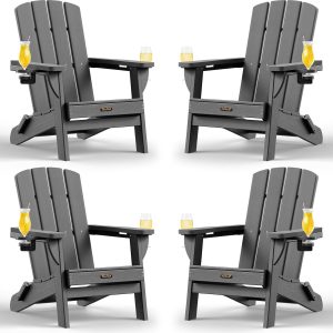 Folding Adirondack Chair 4 Pack, HDPE All-Weather Fire Pit Chairs, Plastic Adirondack Chairs with 2 Cup Holder, Outdoor Lawn Chair for Patio Garden (Grey)