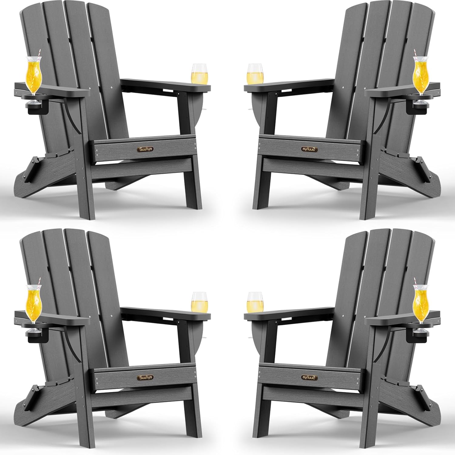 Folding Adirondack Chair 4 Pack, HDPE All-Weather Fire Pit Chairs, Plastic Adirondack Chairs with 2 Cup Holder, Outdoor Lawn Chair for Patio Garden (Grey)