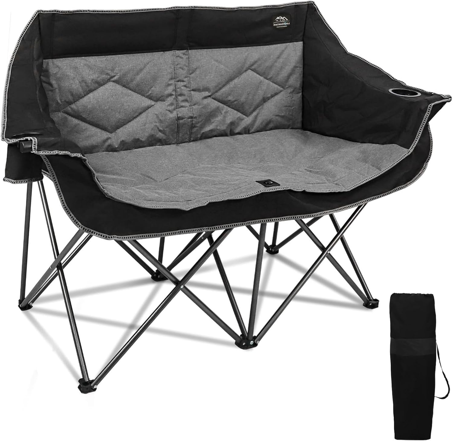 Folding Loveseat Camping Chair,Portable Double Chair w/Cup Holder,Wine Glass Holder,Carry Bag Heavy Duty Lawn Chair for 2 Adults,Perfect for Camp,Hiking,Picnics and Beach Trips,Black