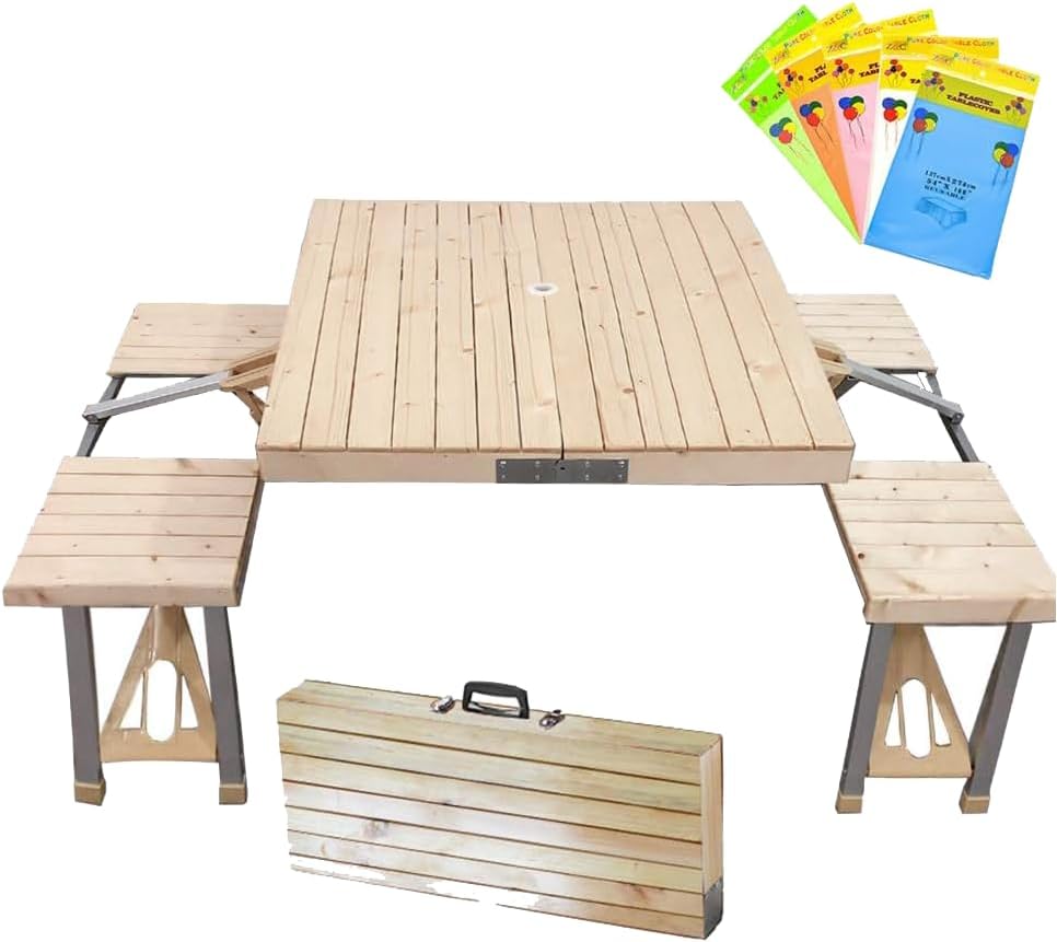 Folding Picnic Table, Aluminum Foldable Table, Camping Table with Seats and Umbrella Hole, Lightweight Suitcase Outdoor Table, Portable Camping Chairs Set for Travel Outing BBQ Party (Wooden)