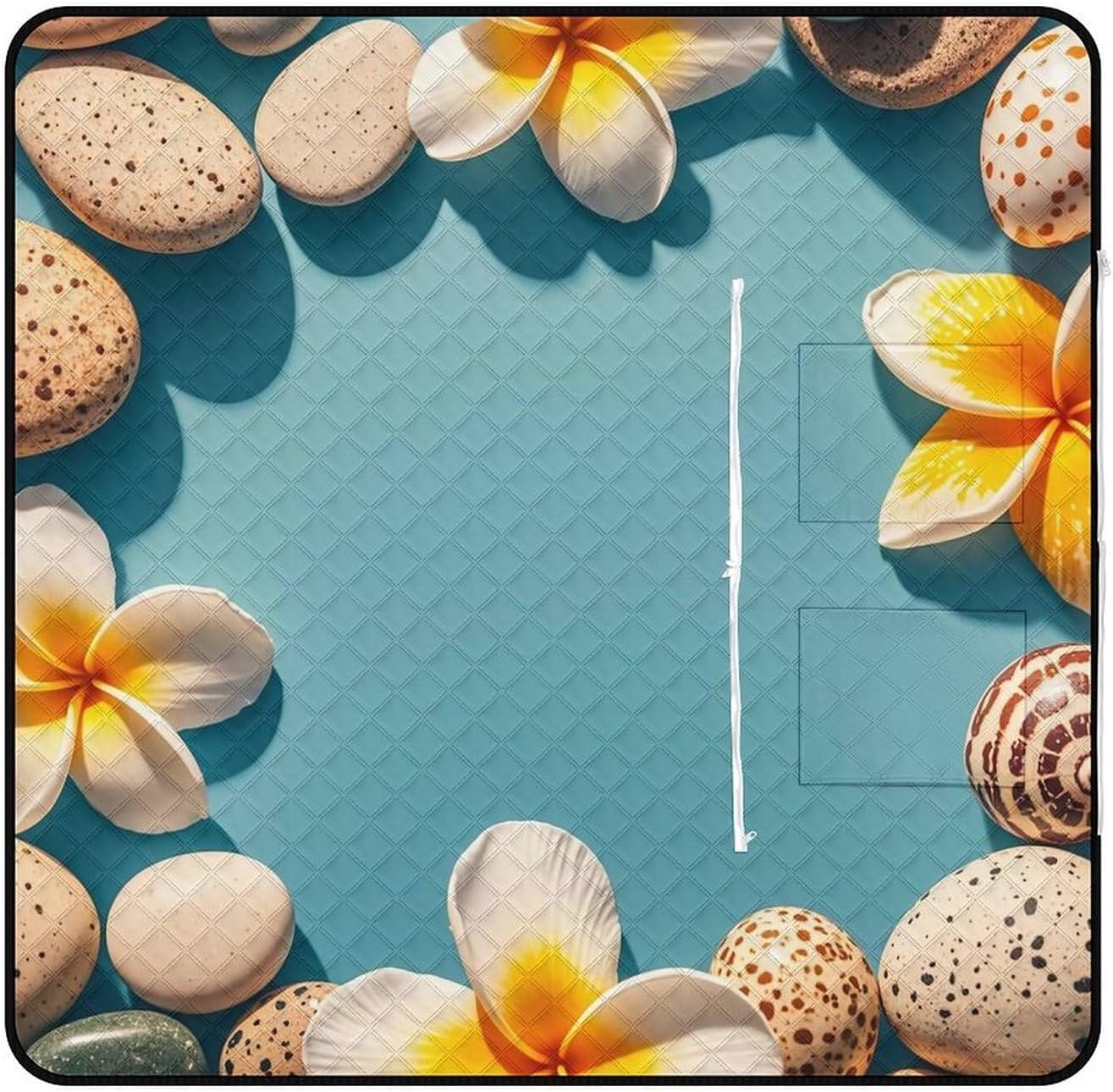 Frame Exotic Floral Pattern Printing Picnic Blanket with Zippered Tote Bag, Waterproof Portable Outdoor Blanket, Lightweight Foldable Outdoor Mat for Beach, Camping, Park, 150x150cm