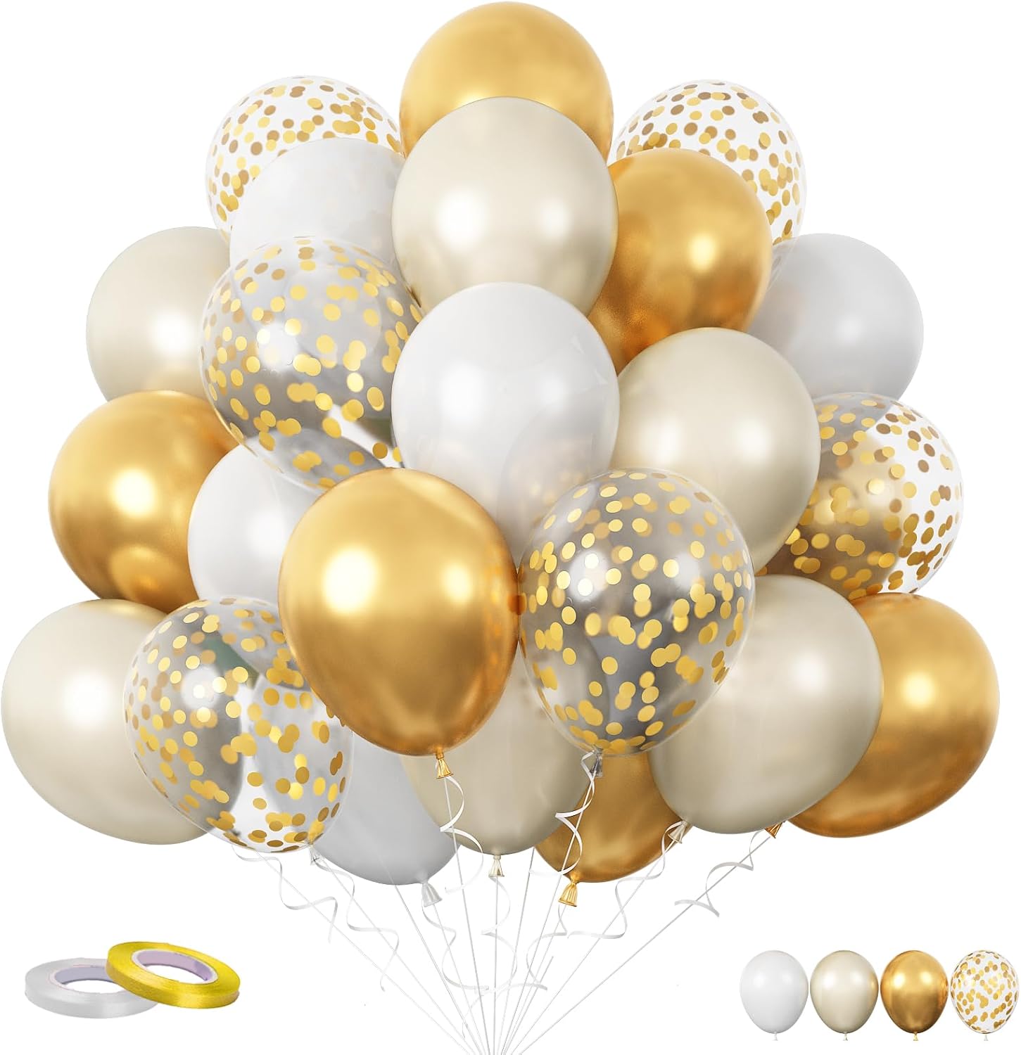 FunHot Gold and White Balloons, 60 Pcs Sand White Gold Balloons, 12 Metallic Gold Confetti Balloons Pearl White Sand White Latex Balloons for Baby Shower Wedding Anniversary Birthday Party Decorations