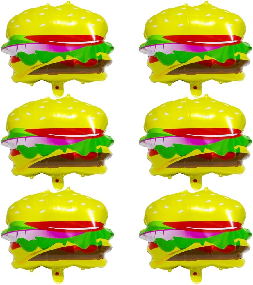 Funny Food Themed Hamburger Balloons, 6 Pack Fast Food Snacks Picnic BBQ Hamburger Helium Foil Balloon For Birthday Baby Shower Burger Party Decoration Supplies