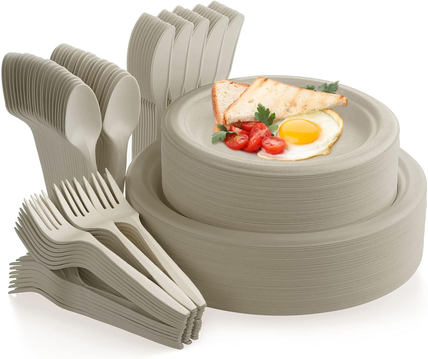 Fuyit 250Pcs Disposable Paper Plates Set with Cutlery, Compostable Biodegradable Eco-Friendly Dinnerware & Utensil Include Plate, Larger Fork, Knife & Spoon for Party, Camping, Picnic, BBQ (Natural)