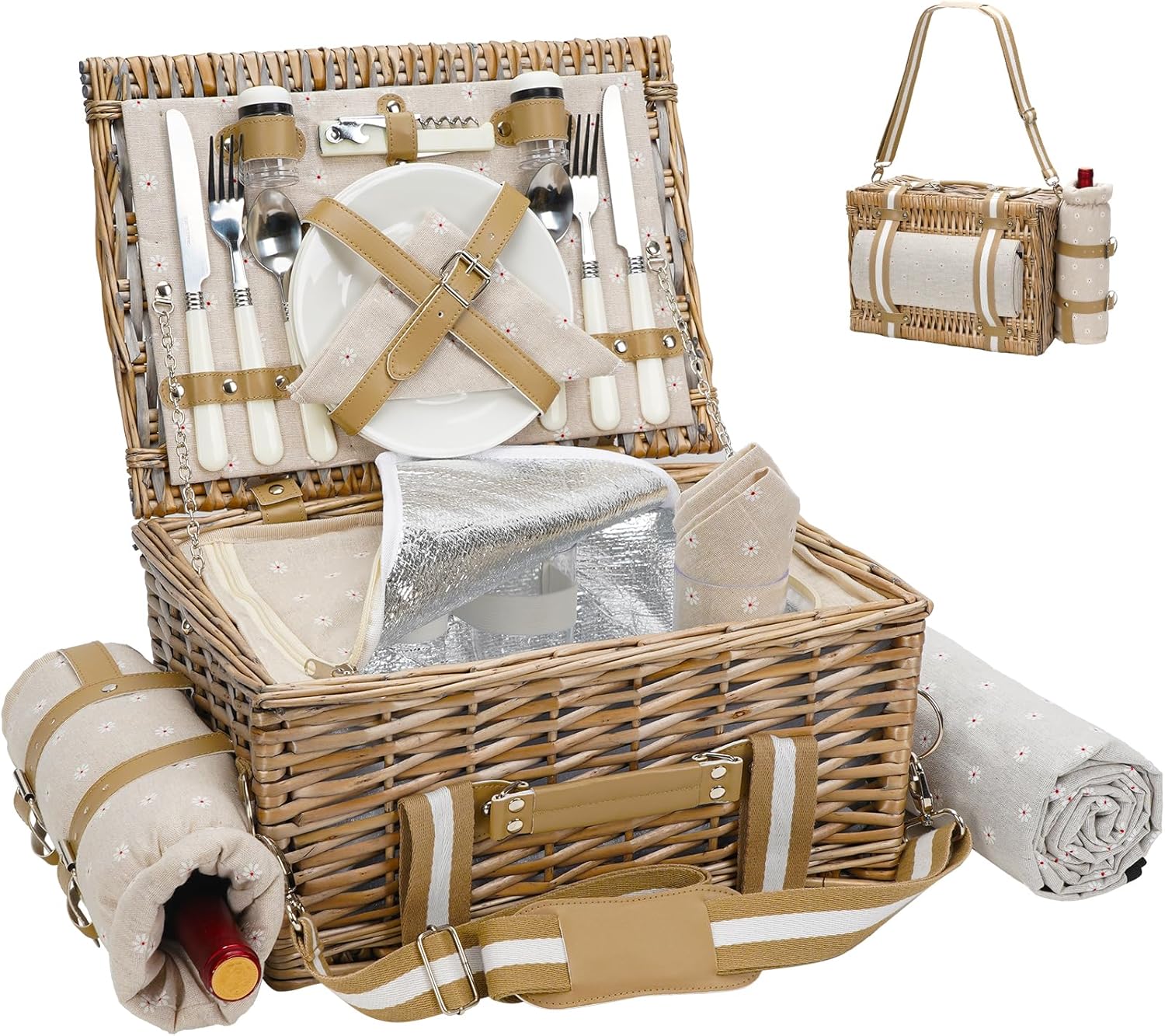 G GOOD GAIN Picnic Basket for 2-19Pcs Wicker Picnic Set with Waterproof Blanket & Wine Bag| Large Picnic Hamper with Insulated Cooler & Cutlery Kit for Couples Camping,White Flower,15x10.6x7.5inch