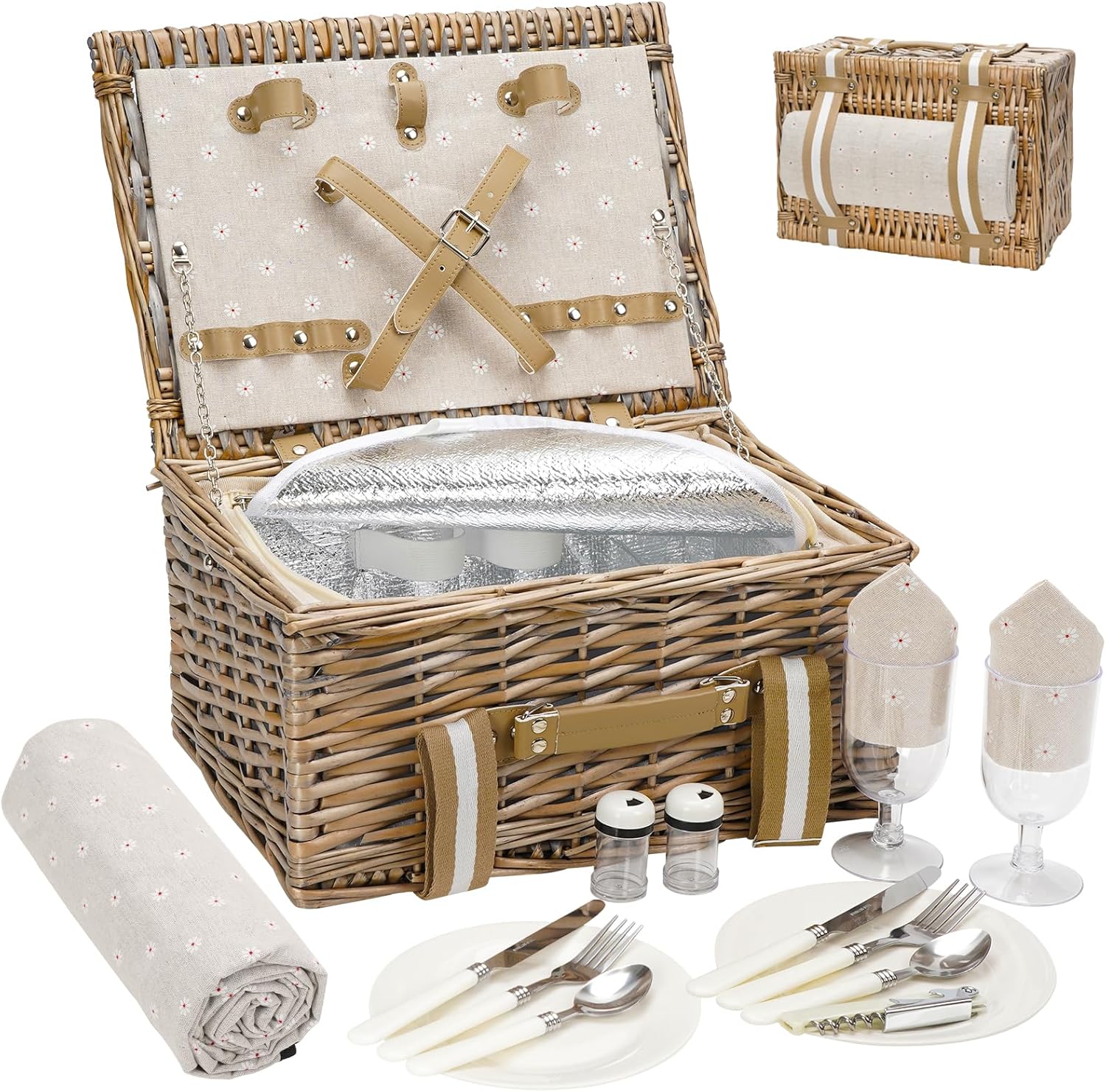 G GOOD GAIN Picnic Basket for 2 - Wicker Picnic Set with Waterproof Blanket| Large Picnic Hamper with Insulated Cooler & Cutlery Kit for Couples Camping,White Flower,15x11x7.5inch