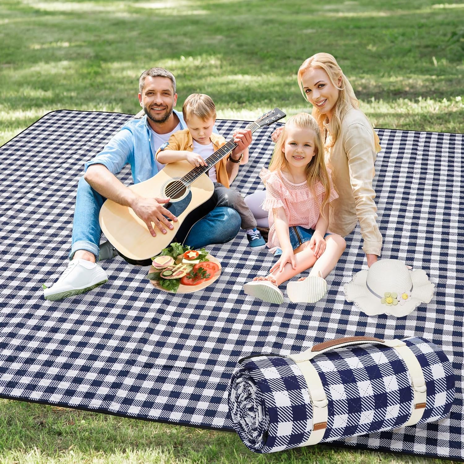 G GOOD GAIN Picnic Blankets Outdoor Extra Large - 80"x80" Portable Waterproof Picnic Blanket, Machine Washable 3-Layer Foldable Park Mat with Sandproof Backing for Grass, Hiking, Travel (Blue)