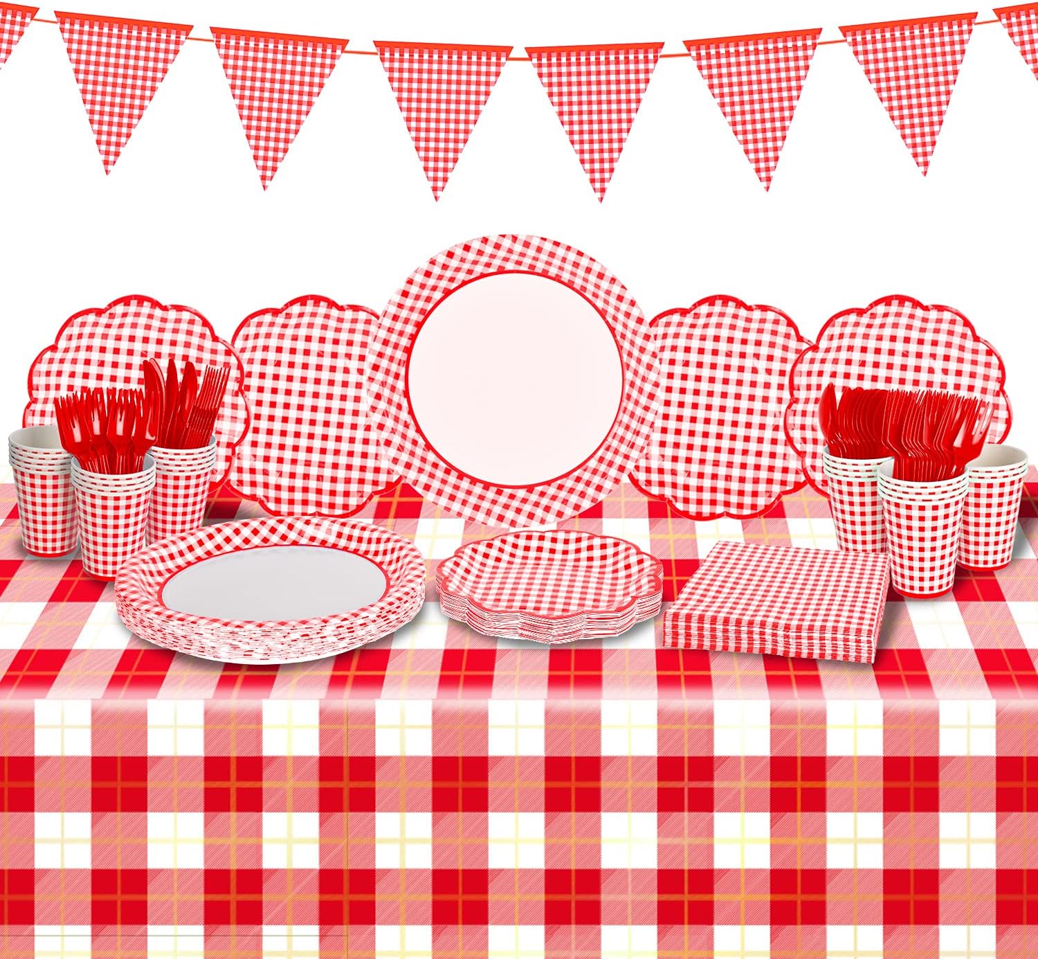 Gatherfun Gingham Red and White Party Supplies Disposable Paper Plates Napkins Cups Knives Spoons Forks Tablecloth Banner for Birthday Party Family Dinner Picnic Barbecue Mother's Day Party, Serve 25
