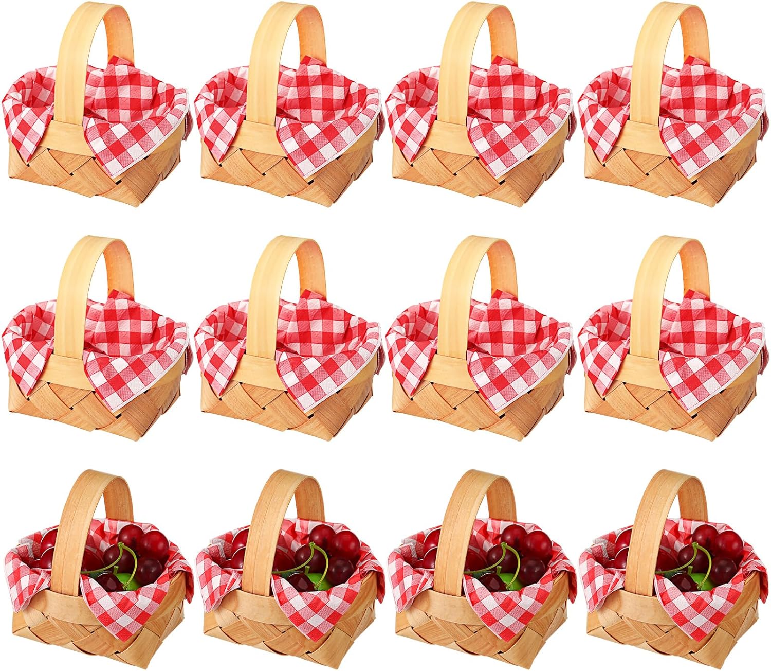 Geelin 12 Pcs Mini Woven Baskets with Handles 20 Sheets Paper Napkins Wood Chip Mini Flower Fruit Picnic Baskets Chip Bucket for Wedding Party Gifts Farmhouse Decoration(Red,Plaid)