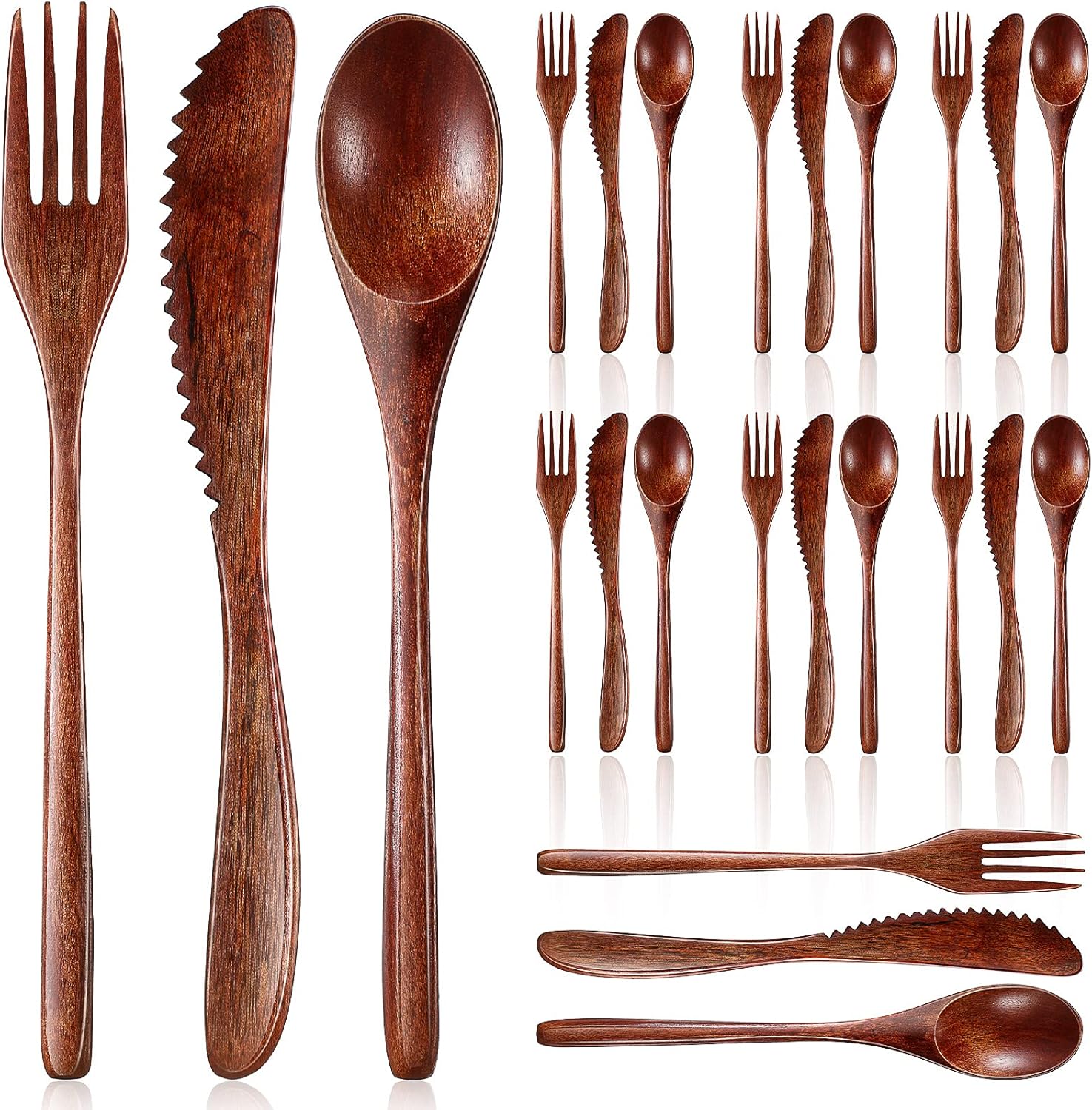 Geiserailie 24 Pcs Wooden Utensils for Eating Wooden Spoon Fork Knife Cutlery Set Kitchen Wood Dinner Flatware Tableware Set Includes Spoon, Fork, Knife (Phoebe Wood)