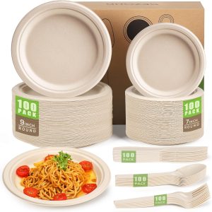 Gezond Compostable Paper Plates Set 500pcs Disposable Plates Heavy-Duty Plates Cutlery Eco-friendly Dinnerware Set for Party Picnic