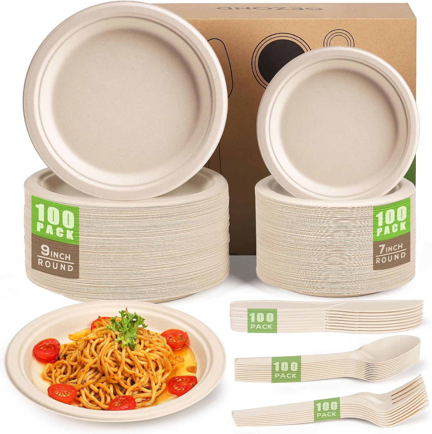 Gezond Compostable Paper Plates Set 500pcs Disposable Plates Heavy-Duty Plates Cutlery Eco-friendly Dinnerware Set for Party Picnic