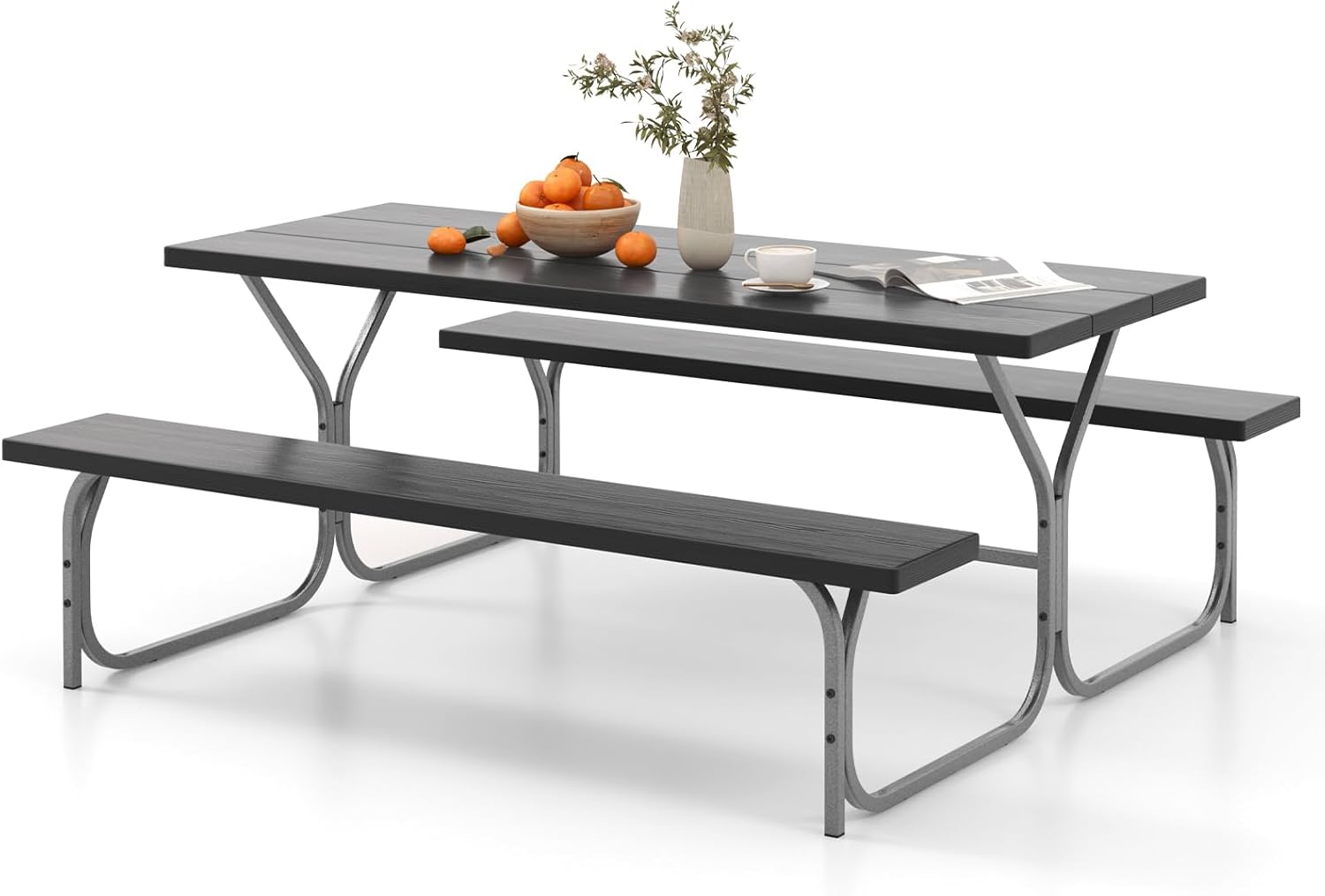 Giantex Picnic Table 6FT for 8 Person, Outdoor Table Set w/ 2 Benches, All-Weather HDPE Rectangular Tabletop, Heavy Duty Metal Legs, Umbrella Hole, for Patio Yard Lawn Party (Black)