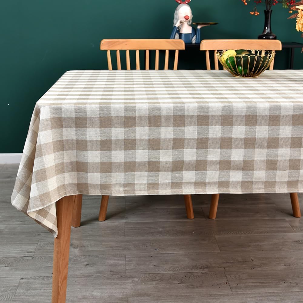 Gingham Tablecloth Rectangle Table Cloth Heavy Duty Cotton Checkered Table Cover for Spring Picnic Kitchen Dining(C-Beige, 52x86 inch)
