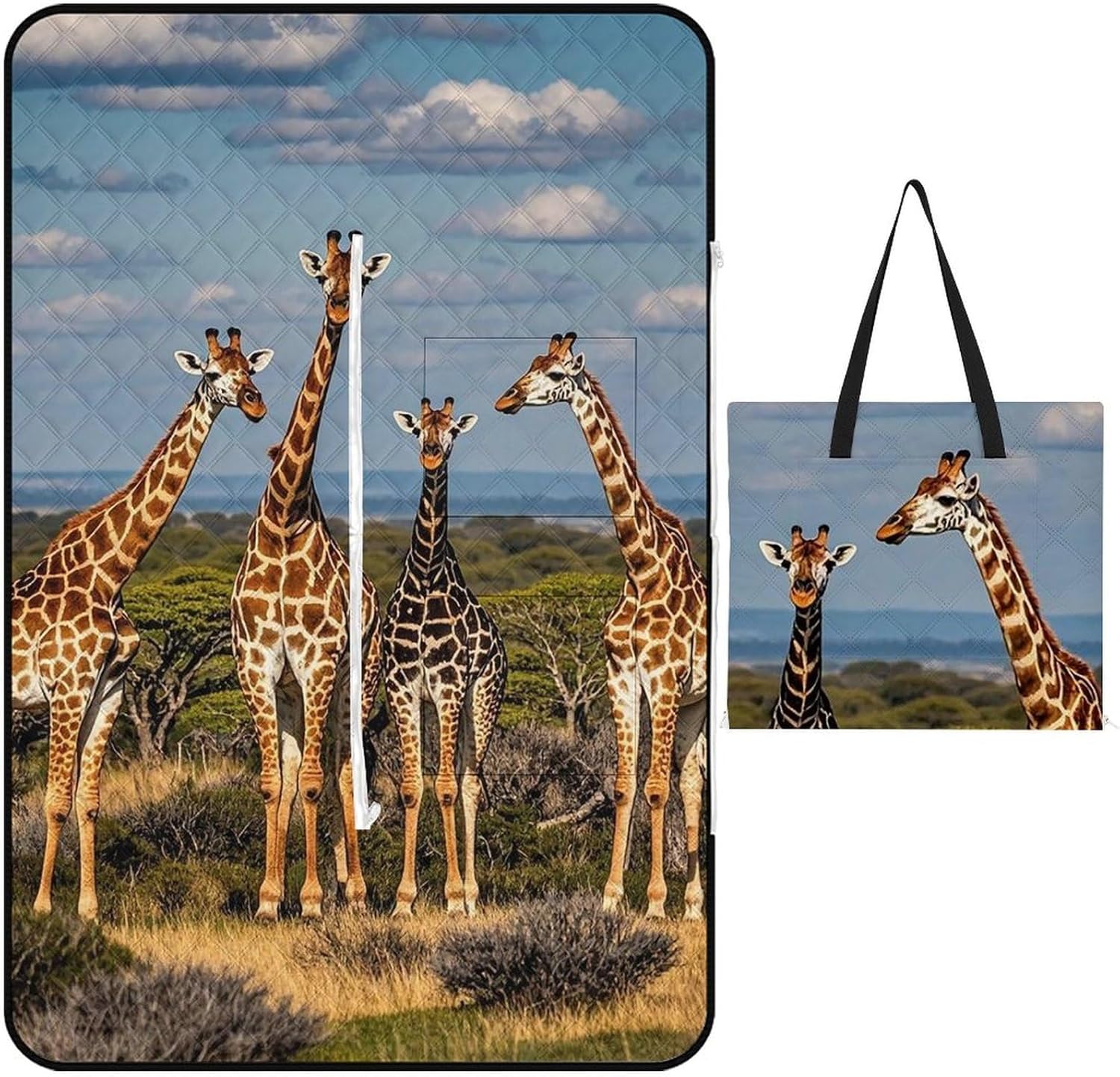 Giraffe Family Picnic Blanket with Zippered Tote Bag, Waterproof Portable Outdoor Blanket, Lightweight Foldable Outdoor Mat for Beach, Camping, Park, 150x100cm