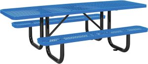 Global Industrial 8'L Rectangular Picnic Table, ADA Compliant, Expanded Metal, Blue Thermoplastic Coating, Attached Benches, 1-1/2” Umbrella Pole Hole, Outdoor-Rated