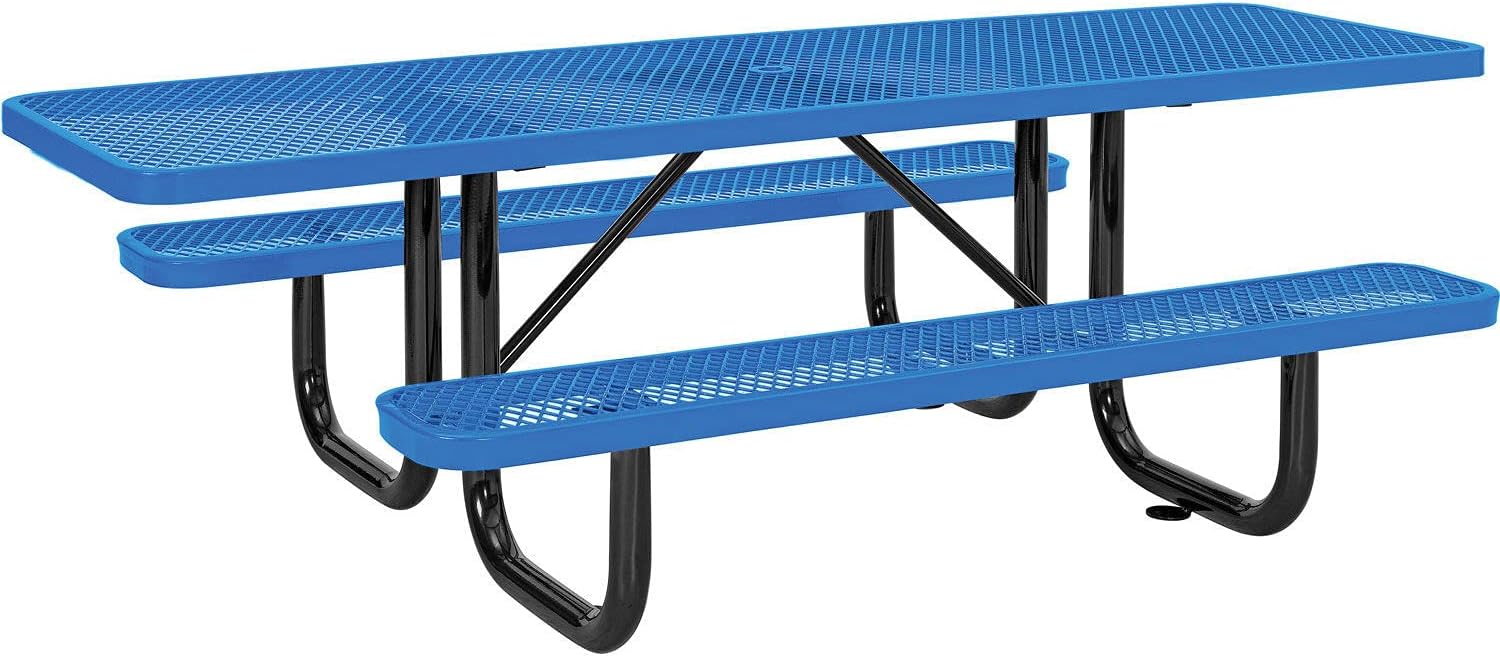 Global Industrial 8'L Rectangular Picnic Table, ADA Compliant, Expanded Metal, Blue Thermoplastic Coating, Attached Benches, 1-1/2” Umbrella Pole Hole, Outdoor-Rated