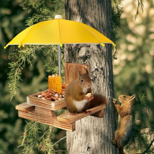 Gnodary Squirrel Feeder with Umbrella, Squirrel Feeders for Outside, Squirrel Picnic Table Feeder - Chipmunk Feeder Hold Corn, Corn Cob, Peanuts Style2 (Yellow)