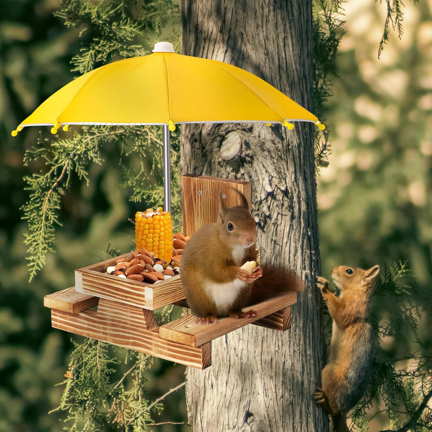Gnodary Squirrel Feeder with Umbrella, Squirrel Feeders for Outside, Squirrel Picnic Table Feeder - Chipmunk Feeder Hold Corn, Corn Cob, Peanuts Style2 (Yellow)