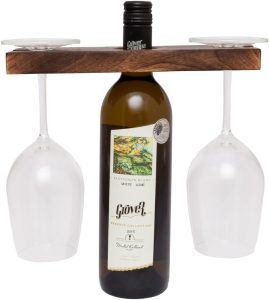 GoCraft Handmade Antique Wood Wine Bottle & Glass Holder – Rustic Countertop Stand for 1 Bottle & 2 Glasses – Vintage Wine Caddy for Home Bar, Kitchen, and Dining Room Décor