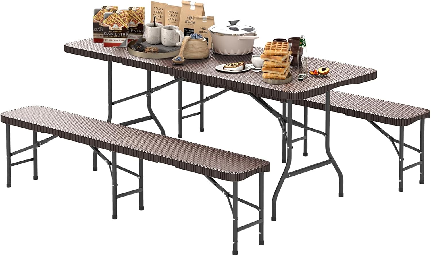 Goplus 6 FT 3-Piece Portable Picnic Table Bench Set, HDPE Rattan-Like Plastic Folding Picnic Tables with Benches, Foldable Patio Camping Beer Table, Indoor & Outdoor Folding Table and Chairs