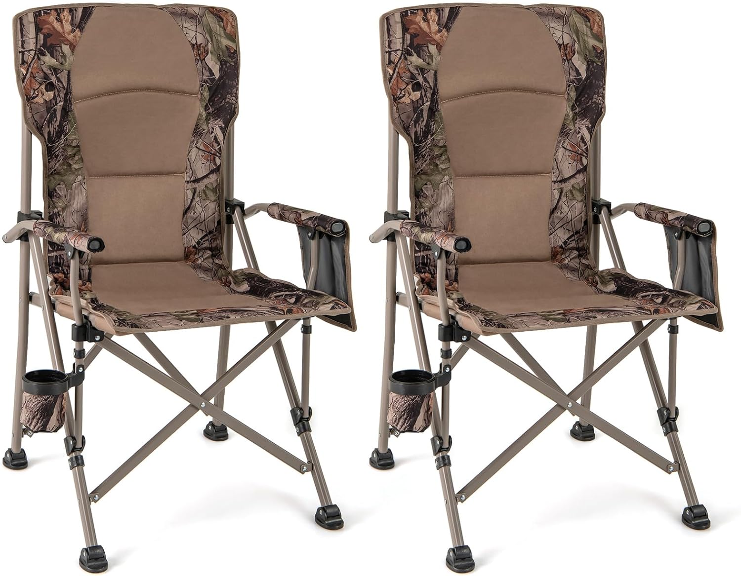Goplus Folding Camping Chair, 400 LBS Support Lawn Chair w/Armrests with Covers, Cup Holder & Storage Pocket, Adjustable Feet, Portable Camp Chair with Carrying Bag, for Fishing Hunting Picnic (2)