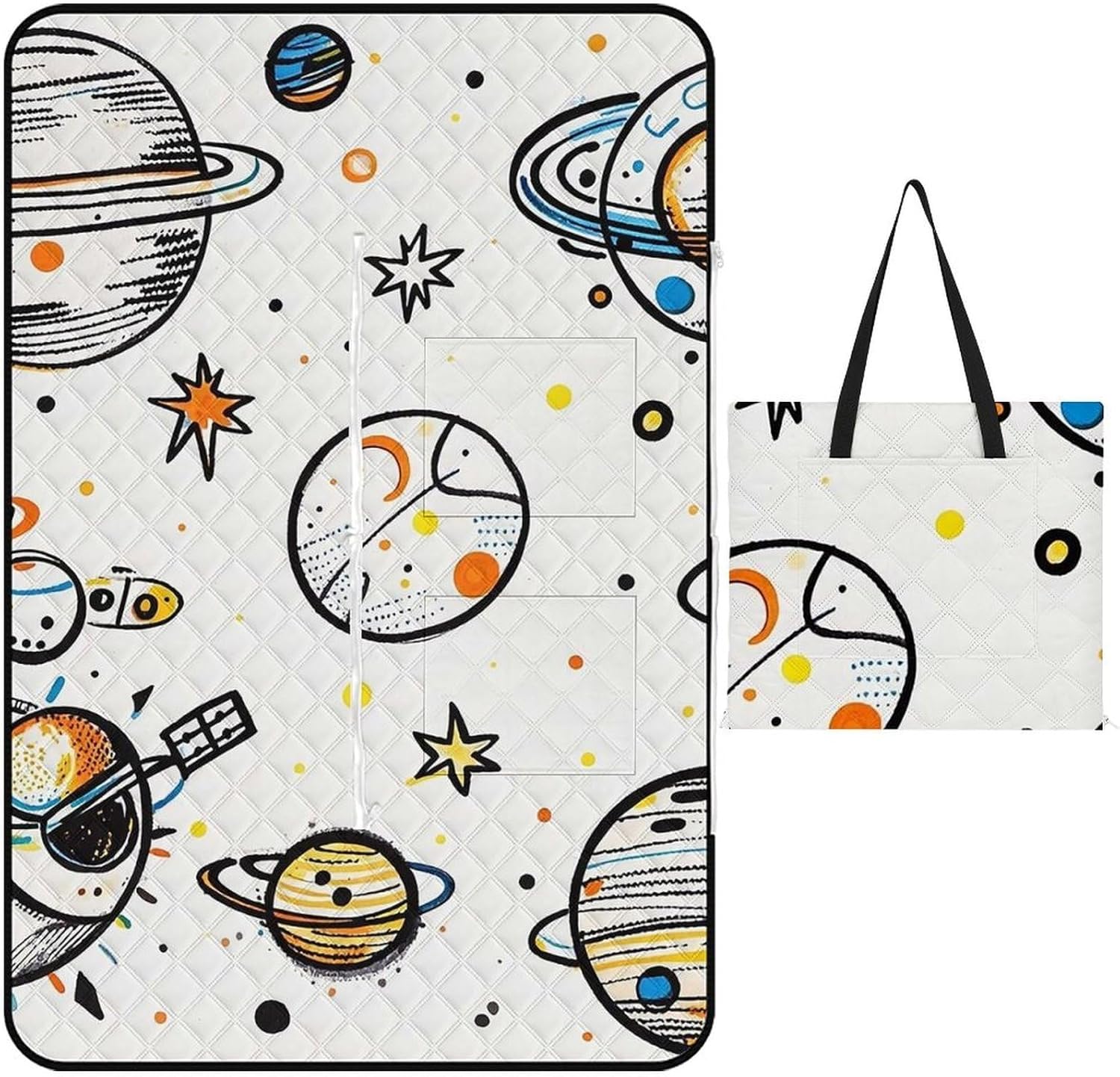 Graffiti Astronaut Spacecraft Picnic Blanket with Zippered Tote Bag, Waterproof Portable Outdoor Blanket, Lightweight Foldable Outdoor Mat for Beach, Camping, Park, 150x100cm