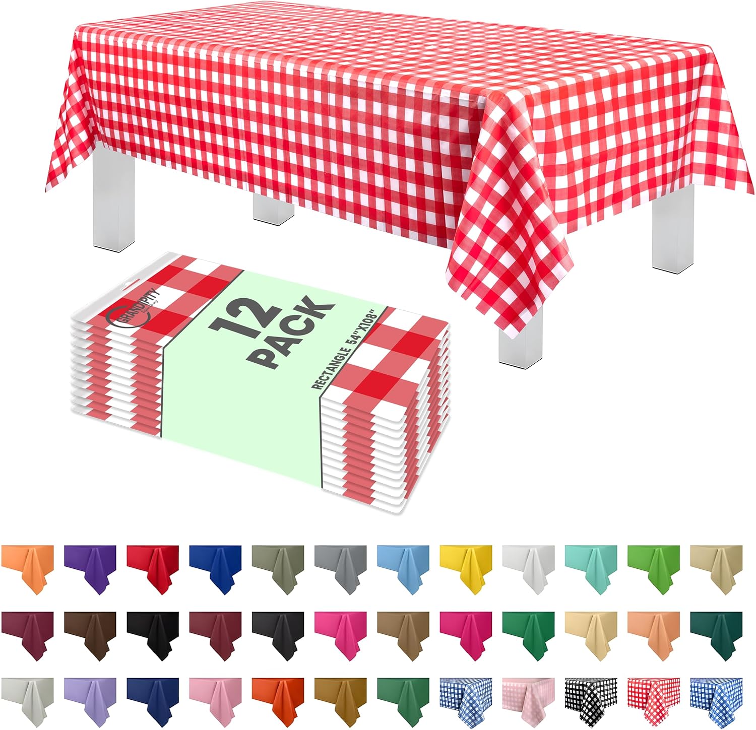 Grandipity 12 Pack Premium Disposable Plastic Picnic Tablecloth 54 Inch. x 108 Inch. Decorative Rectangle Table Cover - Red Checkered Gingham