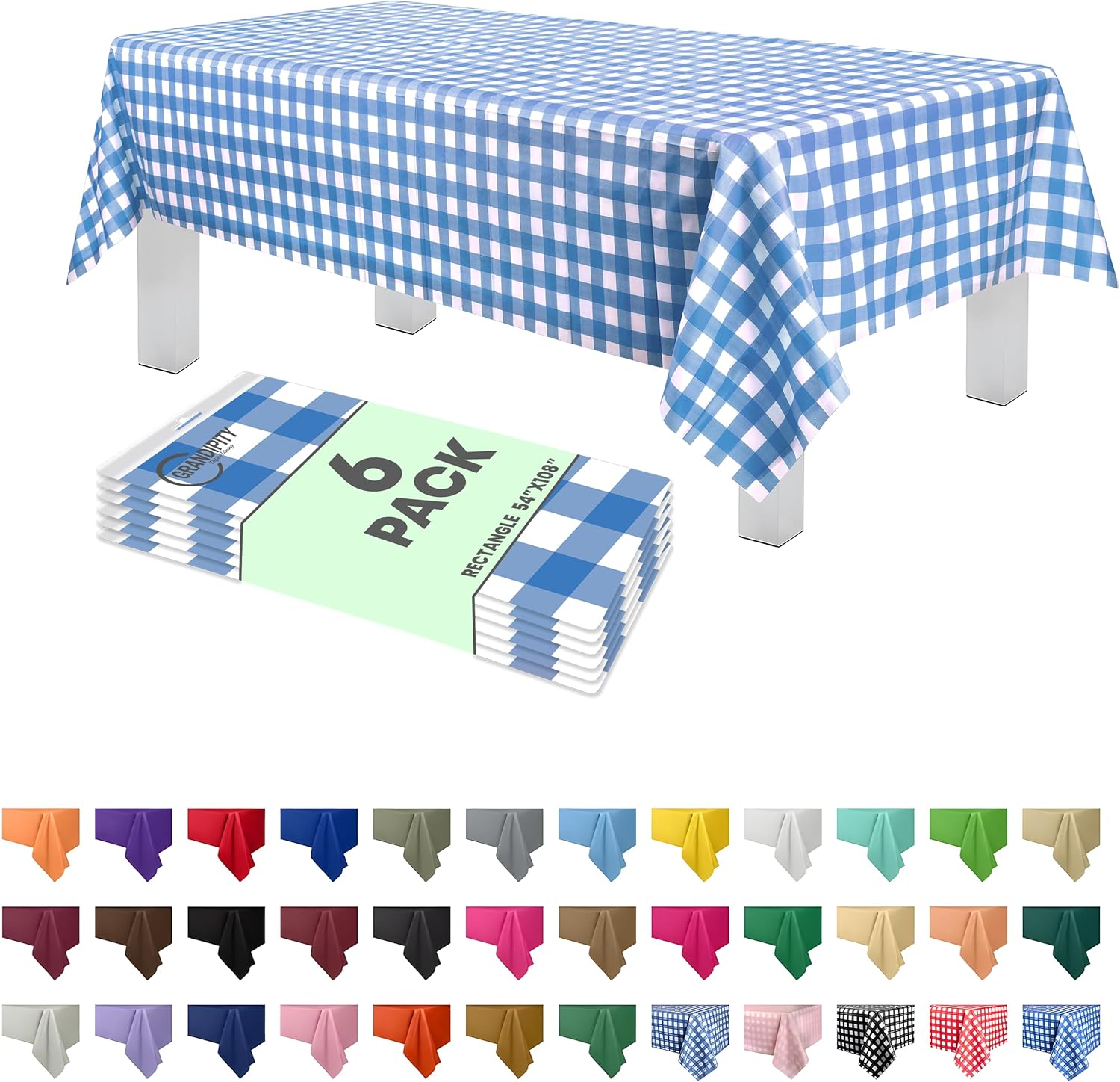 Grandipity Blue Gingham Checkered Plastic Table Cloth Disposable (6 Pk) 54in x 108in Plastic Tablecloths for Rectangle Tables - Premium Party Table Cloths Disposable for 6ft to 8ft Rectangle Tables