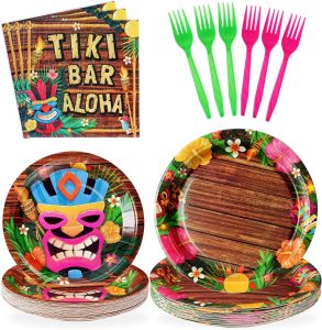 Grencian 96Pcs Hawaiian Tiki Party Supplies Tiki Party Plates Disposable 350GSM Hawaiian Aloha Paper Tableware Set for Jungle Tropical Beach Birthday Baby Shower Pool Picnic Decorations, Serves 24