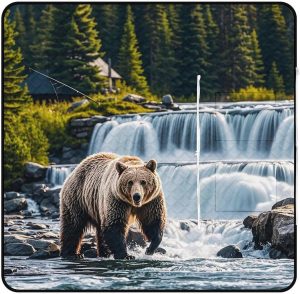 Grizzlies in River Falls Picnic Blanket with Zippered Tote Bag, Waterproof Portable Outdoor Blanket, Lightweight Foldable Outdoor Mat for Beach, Camping, Park, 150x150cm