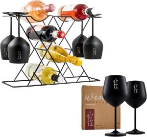 Gusto Nostro Stainless Steel Wine Glasses (Set of 2) - Iron Wine & Glasses Holder_Black Set