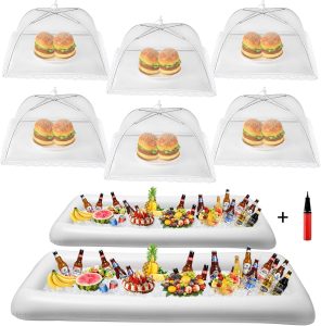 HBlife Inflatable Serving Bar & Food Umbrella Mesh Cover Screen Tent Set, Party Supplies Set for Picnics Pool Bar Outside, 2 Inflatable Tray, 6 Food Tents/Food Covers for Outdoors (White)
