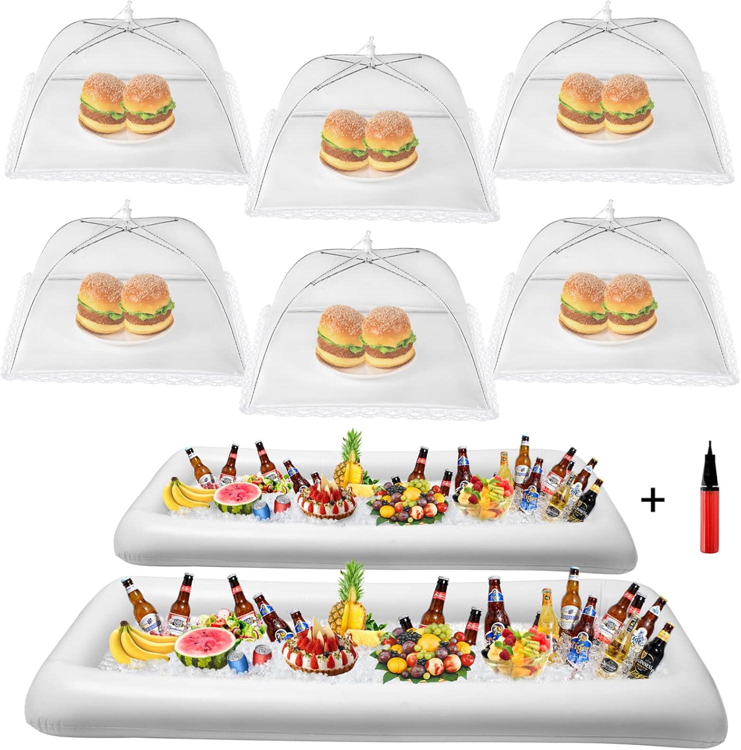 HBlife Inflatable Serving Bar & Food Umbrella Mesh Cover Screen Tent Set, Party Supplies Set for Picnics Pool Bar Outside, 2 Inflatable Tray, 6 Food Tents/Food Covers for Outdoors (White)