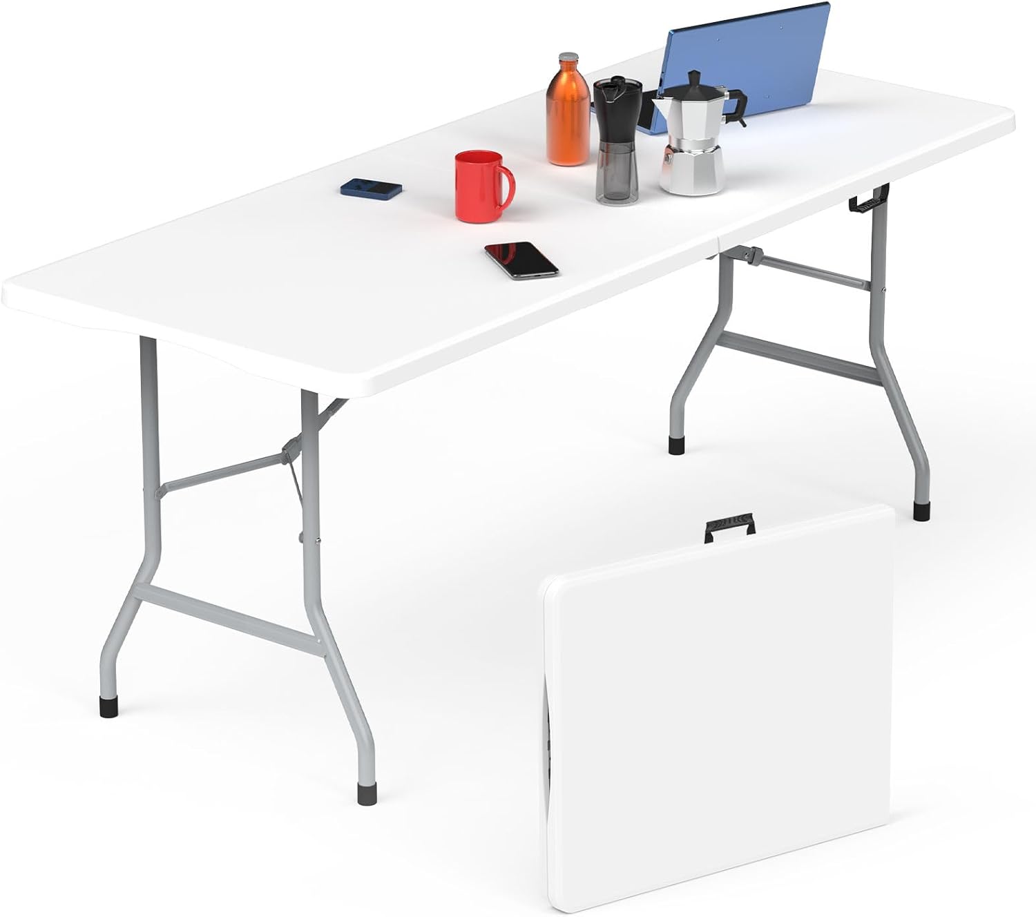 HLPB 6ft Folding Table with Handle & Safety Locks - Portable Picnic & Camping Table, Indoor/Outdoor Dining & Work Table for Weddings & Parties Plastic Construction