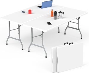 HLPB Folding Table Picnic Table 2 Pcs, 6 ft Portable Camping Table with Handle and Safety Locks, Foldable Table Plastic Dining Table Indoor Outdoor for Camping, Picnic and Party