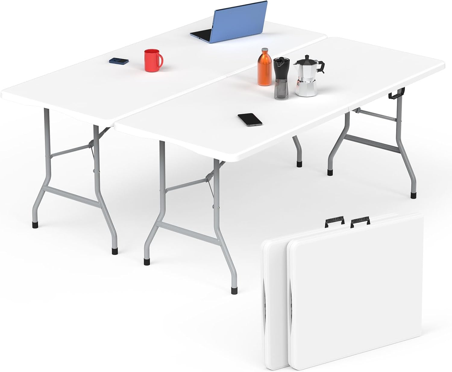 HLPB Folding Table Picnic Table 2 Pcs, 6 ft Portable Camping Table with Handle and Safety Locks, Foldable Table Plastic Dining Table Indoor Outdoor for Camping, Picnic and Party