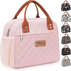 HOMESPON Insulated Lunch Bag for Women Men Adults Lunch Tote with Front Pocket Lunch Box Container Cooler Bag for Work Picnic (Pink with Side Pockets)