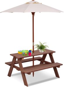 HONEY JOY Kids Picnic Table, Outdoor Wooden Table & Bench Set w/Removable Umbrella, Children Backyard Furniture for Patio Garden, Toddler Picnic Table for Outdoors, Gift for Boys Girls, Walnut