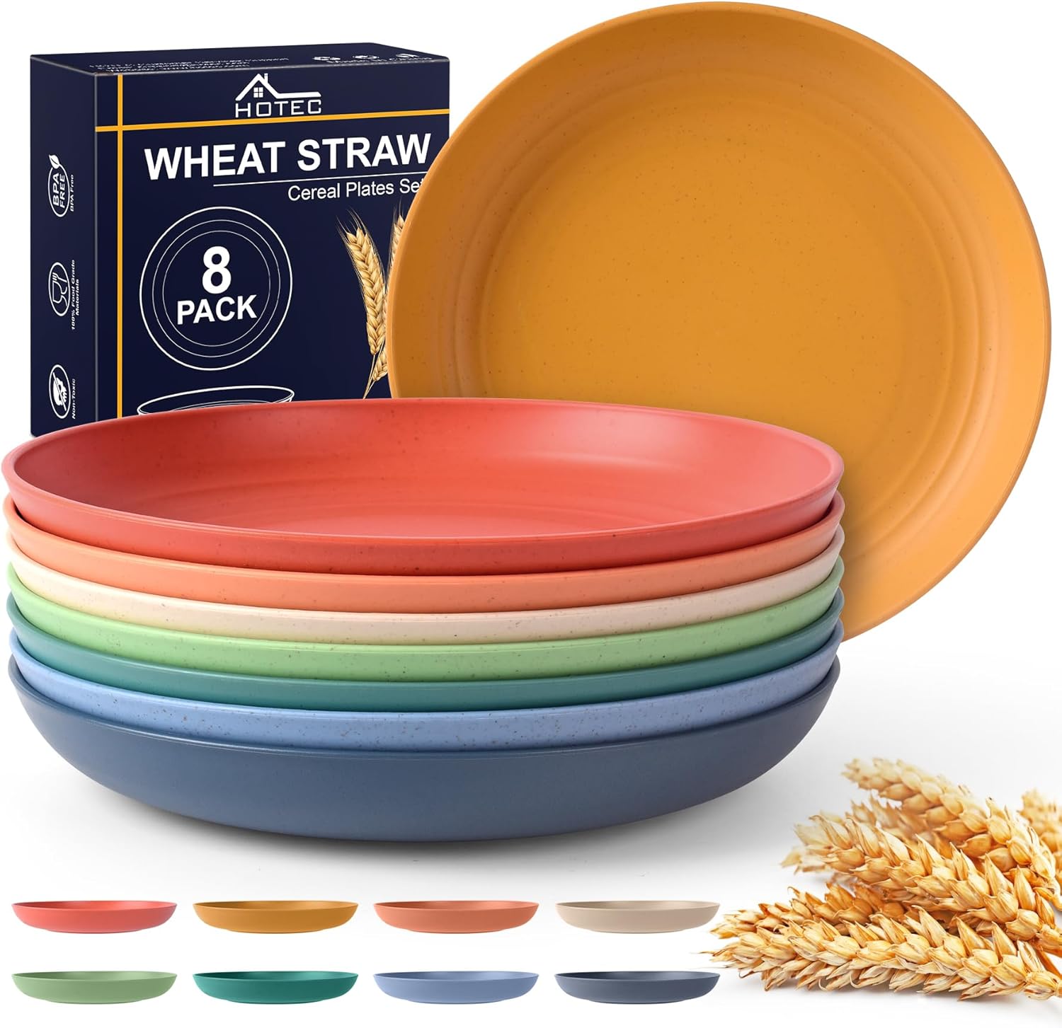 HOTEC 8-Pack 8inch Unbreakable Deep Dinner Plates, Wheat Straw Plastic Plates Dishwasher Safe Kitchen Plates Dinnerware Multicolor