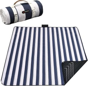 HX&OD Outdoor Picnic Blanket Extra Large, 80''*60'' Waterproof Picnic Mat with Stakes Foldable Camping Blanket Portable with Carry Strap for Beach Mat (Blue& White, 80''*60'')