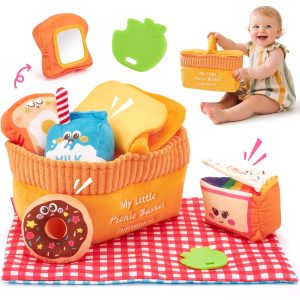 Hahaland Baby Toys 6-12 Months – Picnic Basket Sensory Toy with Crinkle, Rattles, Teether & Mirror, Montessori Play Food Plush for Early Development, Birthday Gifts for 1+ Years Boys & Girls