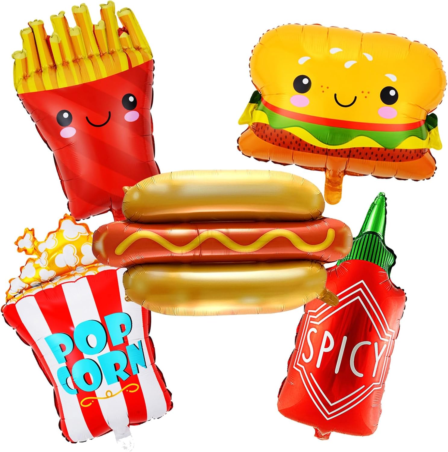 Hamburger Hot Dog Ketchup Bottles French Fries Foil Balloons Food Themed Balloons for Barbecue Picnic Cookout Snacks Birthday Party Decorations -5 Pcs
