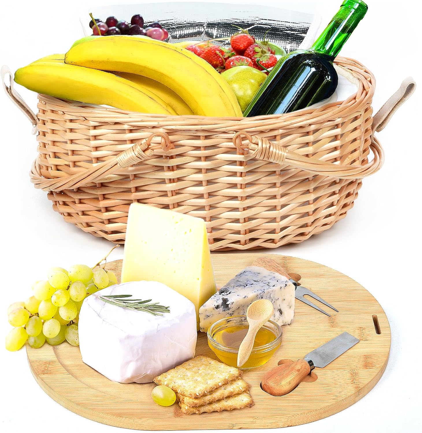 Hap Tim Wicker Picnic Basket Set with Charcuterie Boards for 2 - Unique Gifts Ideas for Couple, Engagement, Wedding, Bridal Shower, Family, Christmas, White Elephant Gifts for Adults(Y2408A-1)