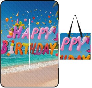 Happy Birthday on The Beach Picnic Blanket with Zippered Tote Bag, Waterproof Portable Outdoor Blanket, Lightweight Foldable Outdoor Mat for Beach, Camping, Park, 150x100cm